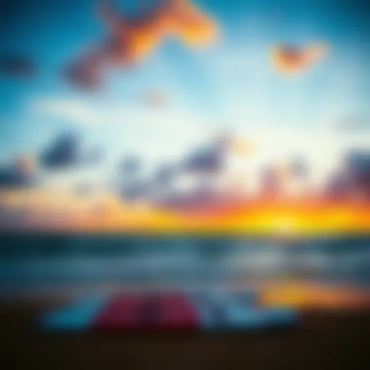 Sunset Serenity for Kiteboarders A serene sunset view over the ocean with kiteboards on the beach