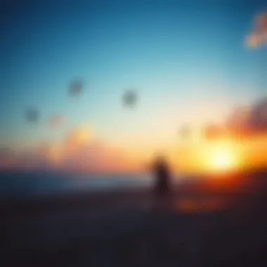 A picturesque beach scene featuring kiteboarders in action during sunset