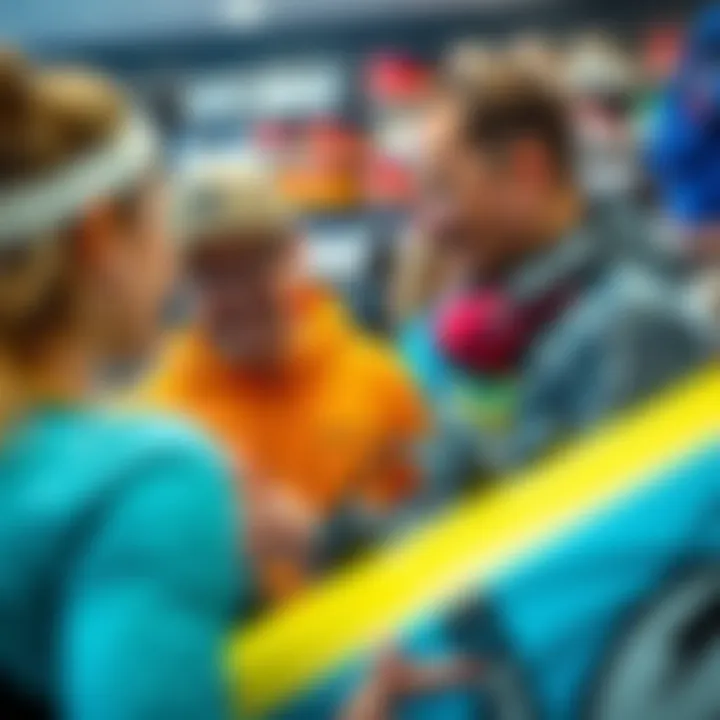 An expert staff member assisting a customer with kiteboarding equipment