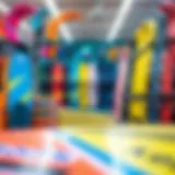 A vibrant kiteboard shop showcasing a variety of colorful kites and boards