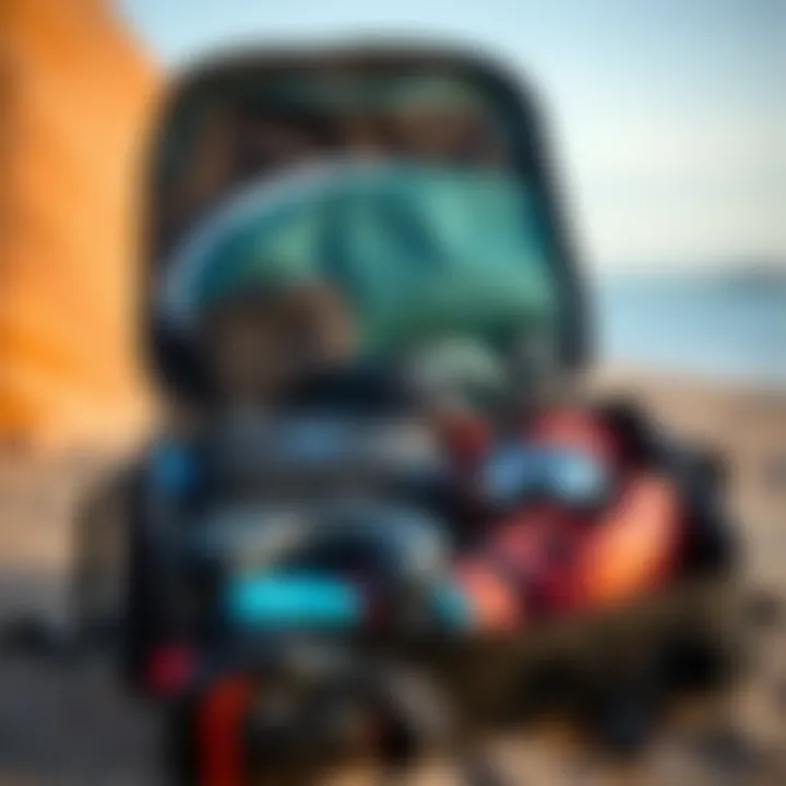 An organized packing of a kiteboard travel bag with various accessories