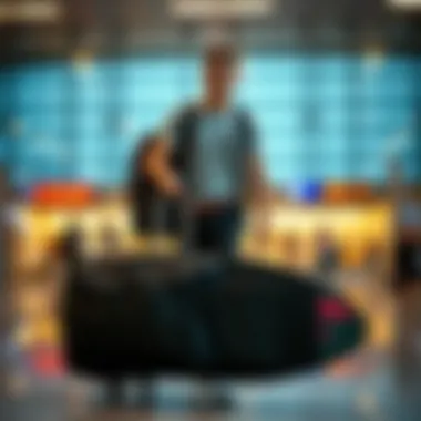 A traveler confidently carrying a kiteboard travel bag at an airport