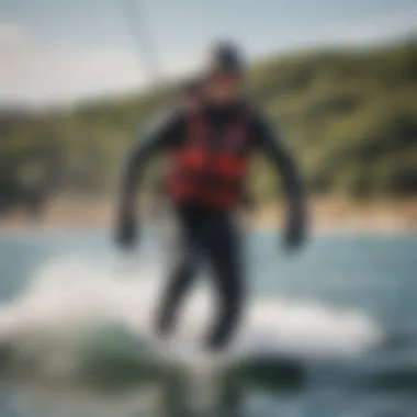 Kiteboarder in Action with Mystic Life Jacket A kiteboarder in action, wearing the Mystic Life Jacket, demonstrating style and functionality.