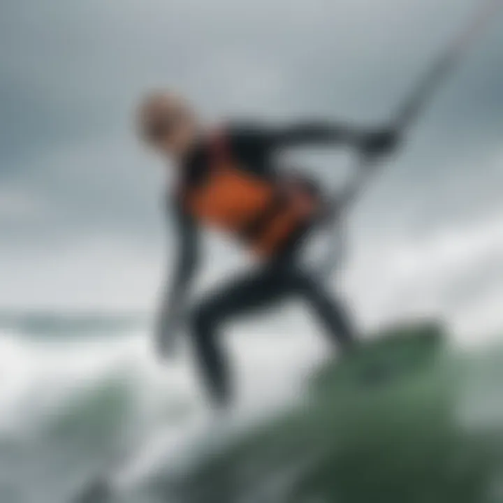 Kiteboarder in a wet suit riding the waves