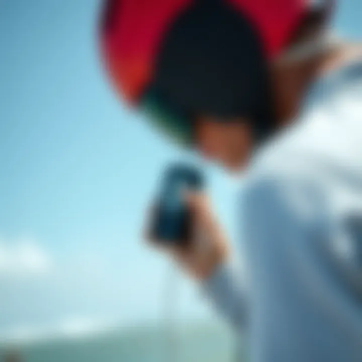 Portable Wind Speed Measurement for Riders A kiteboarder checking wind speed with a portable device