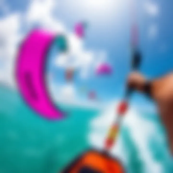 Vibrant Kiteboarding Aerial Perspective An aerial view of kiteboarding with vibrant kites in the sky