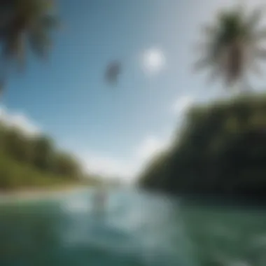 Kiteboarders gliding across the crystal-clear waters of Coconut Bay, surrounded by lush greenery