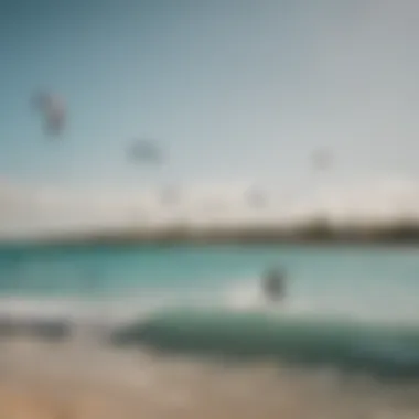 A panoramic view of the kiteboarding community at Coconut Bay, illustrating the lively atmosphere and camaraderie among riders