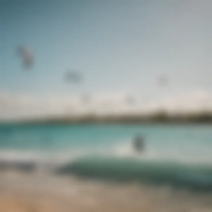 A panoramic view of the kiteboarding community at Coconut Bay, illustrating the lively atmosphere and camaraderie among riders