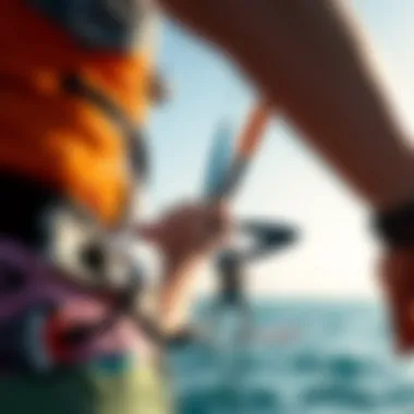 Adjusting the Control Bar for Optimal Performance A kiteboarder adjusting the control bar on the water