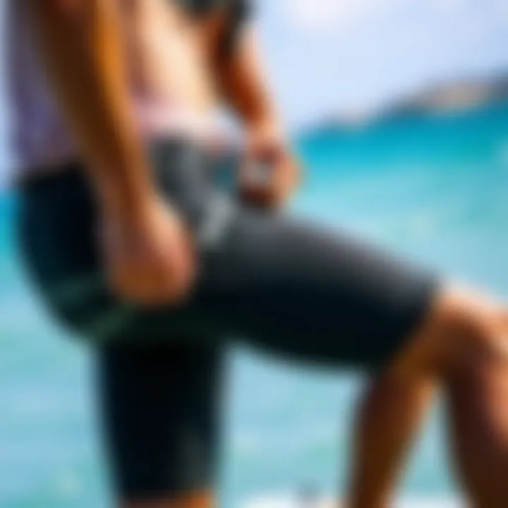Perfect Fit for Optimal Performance Kiteboarder adjusting harness shorts while preparing for a ride