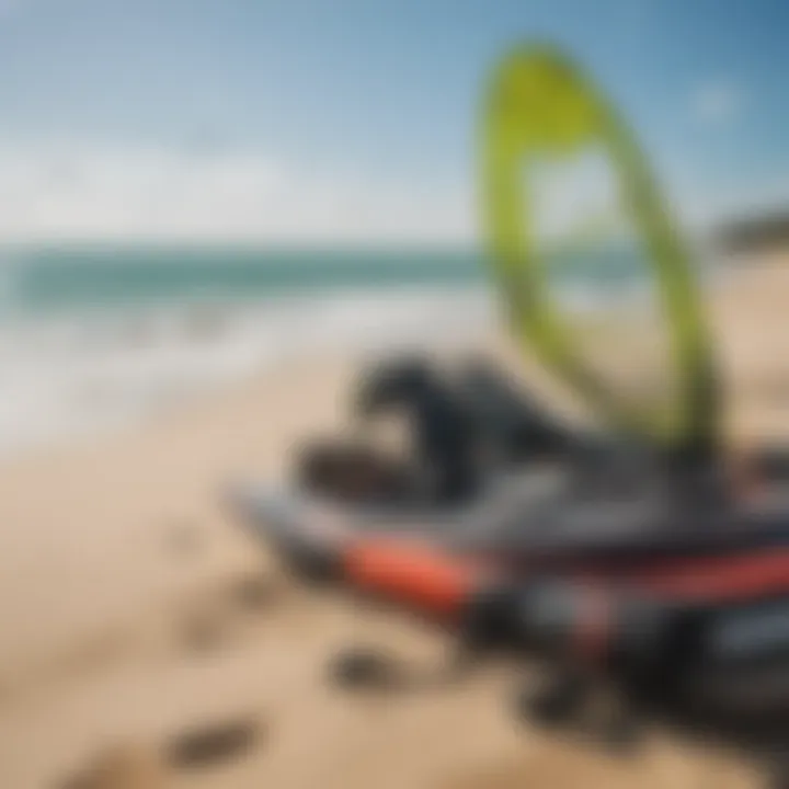 A detailed shot of kiteboarding equipment laid out on the beach.