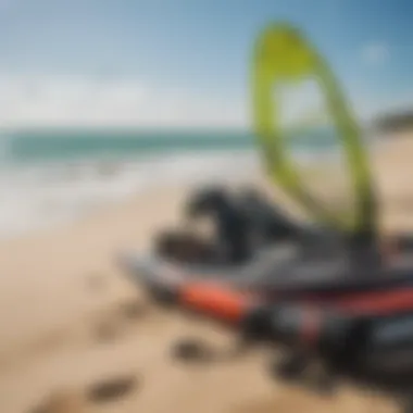 Essential Kiteboarding Gear A detailed shot of kiteboarding equipment laid out on the beach.