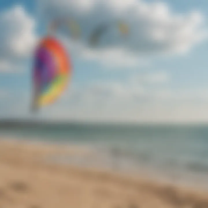 A scenic view of a popular kiteboarding spot with vibrant kites in the sky.