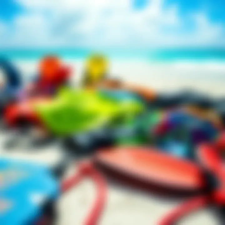 A colorful array of kiteboarding gear laid out on the beach, ready for action