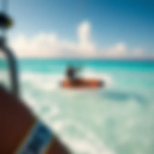 A stunning kiteboarder riding the turquoise waters with a backdrop of soft white sands
