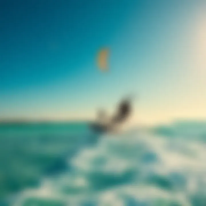 A picturesque view of kiteboarders gliding over crystal-clear waters at sunset