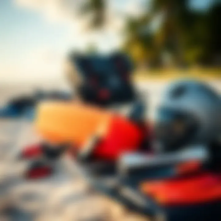 Gear Selection for Kiteboarding High-quality kiteboarding gear laid out on the beach