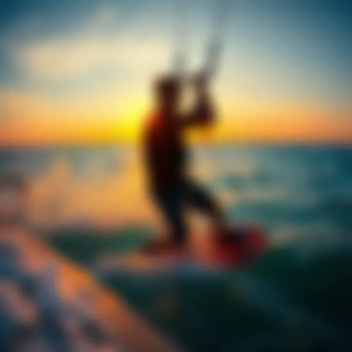 Kiteboarding at Sunset: A Scenic Adventure A scenic sunset background with a kiteboarder in action