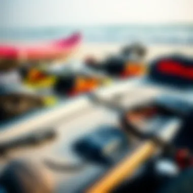 Essential Kitesurfing Gear Display Close-up of essential kitesurfing gear laid out on the beach