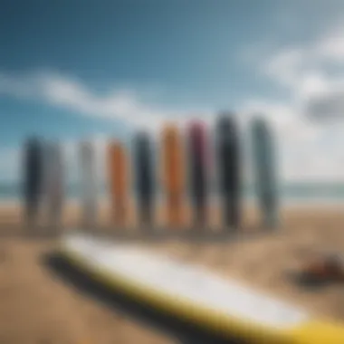 Different types of kitesurfing boards arranged neatly.