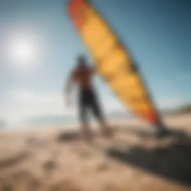 A well-maintained kitesurfing setup on the beach.