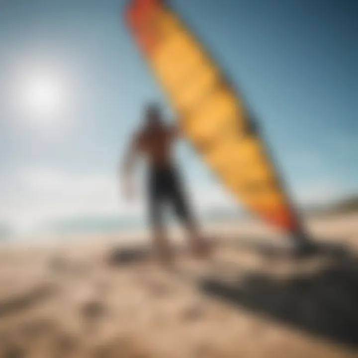 A well-maintained kitesurfing setup on the beach.