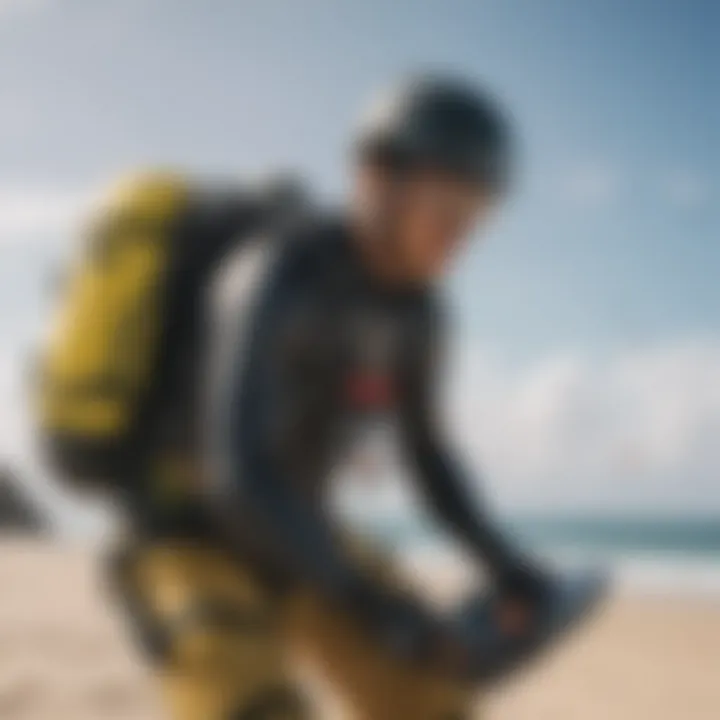 An individual inspecting safety gear for kitesurfing.