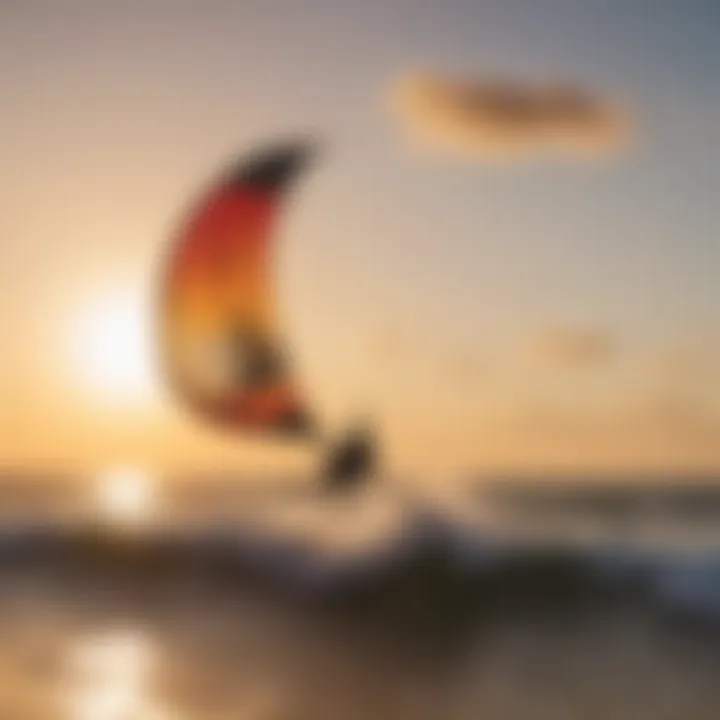 Close-up of a kitesurfing kite in action against a sunset