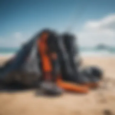 A well-organized kitesurfing gear setup at a beach