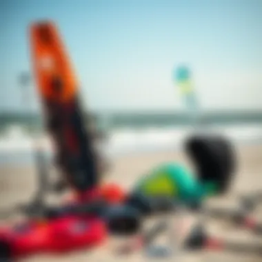 Essential Kitesurfing Gear on the Shore Essential kitesurfing gear displayed on the sandy shore.
