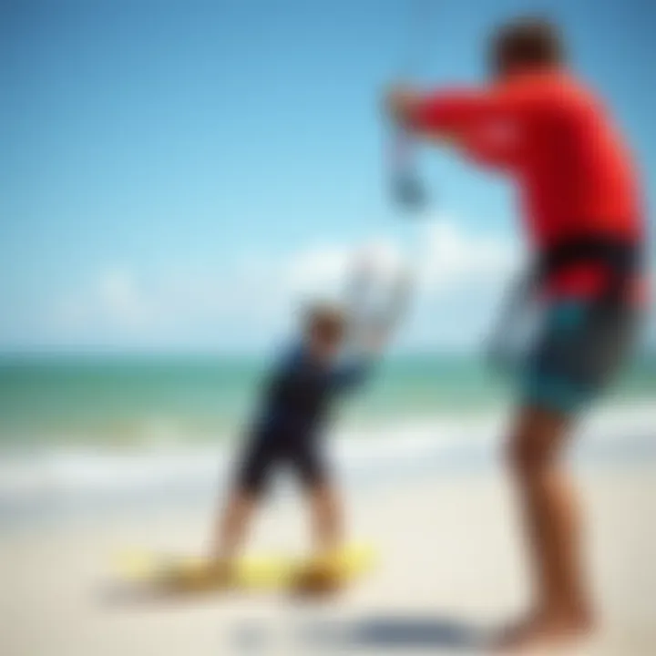 Expert Instruction on Kitesurfing Techniques An instructor demonstrating kitesurfing techniques to a student on the beach.