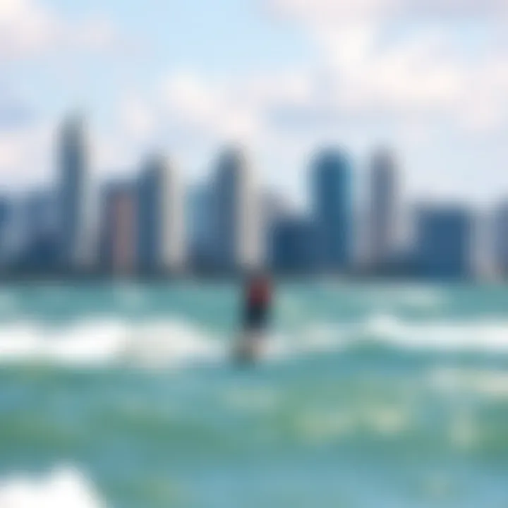 Kitesurfer Against Miami Skyline A kitesurfer gliding over the waves with the Miami skyline in the background
