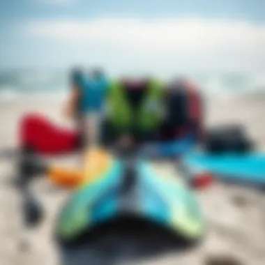 Essential Kitesurfing Safety Gear Safety equipment and kitesurfing gear laid out on the beach