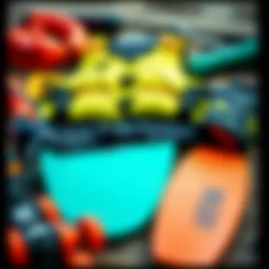 Kiteboarding Gear and Safety Equipment Kiteboarding gear and safety equipment laid out.