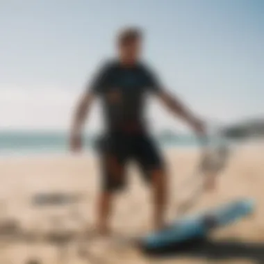 Kitesurfer demonstrating proper maintenance techniques for equipment