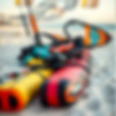 Kitesurfing gear laid out on the beach ready for an adventure