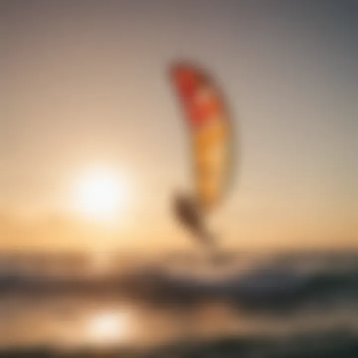 A serene sunset view of kitesurfers gliding over the water, illustrating the sport's connection to nature