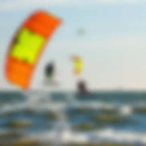 A stunning view of kiteboarding at Kitty Hawk with vibrant kites soaring above the water.