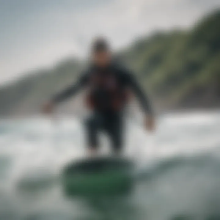 A kiteboarder wearing Liquid Force Rush life jacket while navigating the waves.