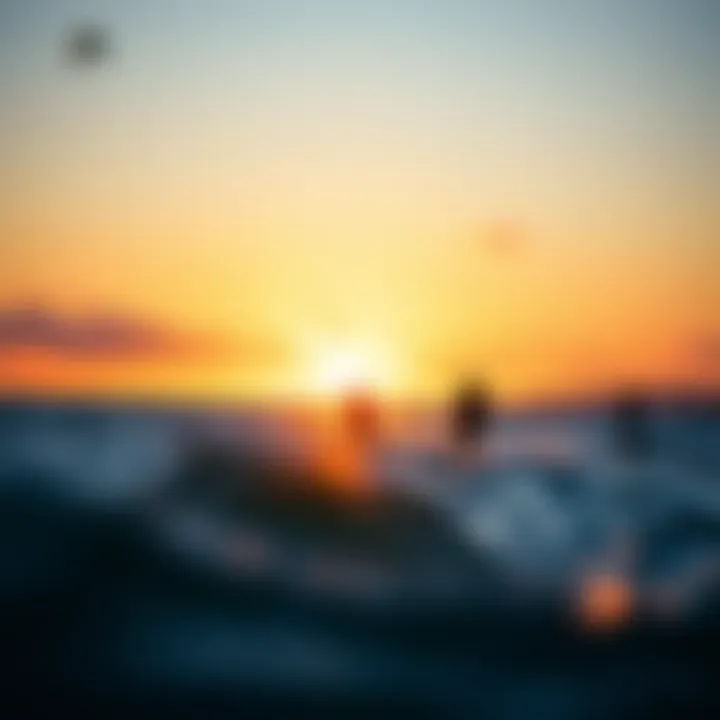 A group of kiteboarders enjoying a sunset session on the water