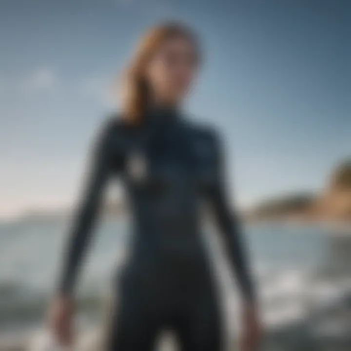 Detailed view of Mystic wetsuit features including seams and zippers