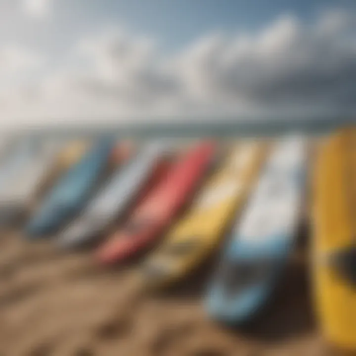 A collection of Naish kitesurfing boards displayed on a sandy beach