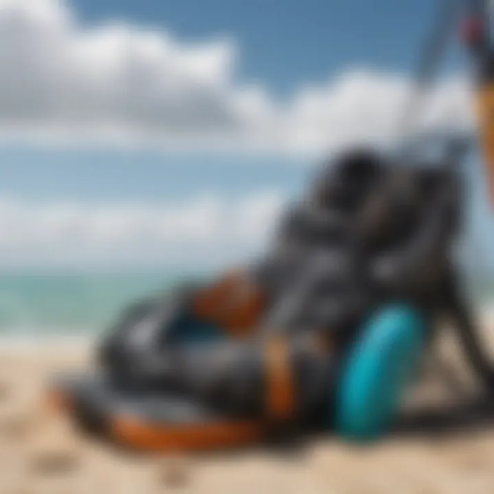 An assortment of kitesurfing equipment including harnesses and safety gear