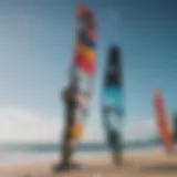 A vibrant display of kiteboarding gear showcasing various kites and boards.
