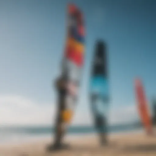 A vibrant display of kiteboarding gear showcasing various kites and boards.