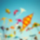 Colorful array of small kites displayed against a blue sky