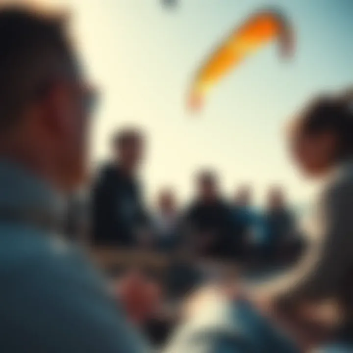 Kiteboarding Enthusiasts Sharing Knowledge Kiteboarding community gathered at the beach sharing tips