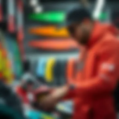 Expert Evaluation of Kite Gear A skilled kiteboarder inspecting used equipment in a shop