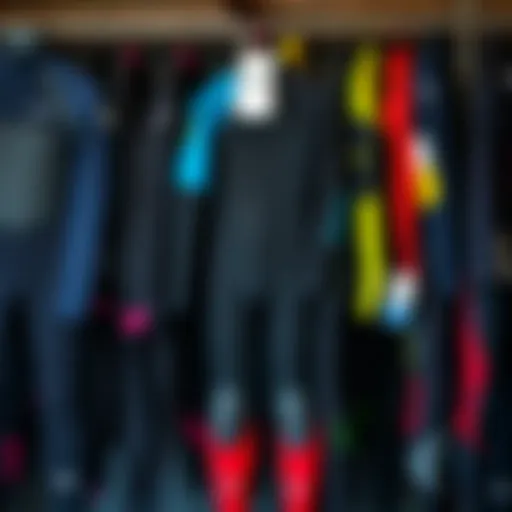 Diverse selection of wet suits displayed